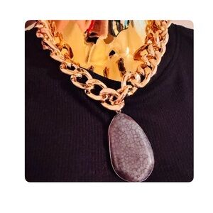 Chunky Gold Necklace with Gray Marbled Stone Pendant